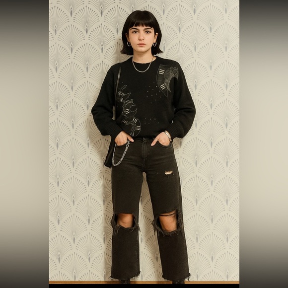 Eddie Dassin Sweaters - Eddie Dassin| VTG Abstract Black Sweater with cowhide leather.